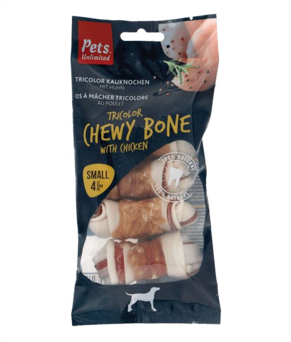 Pets Unlimited - Tricolor Chewy Bone With Chicken (S/4pcs) - PetHaus General Trading LLC